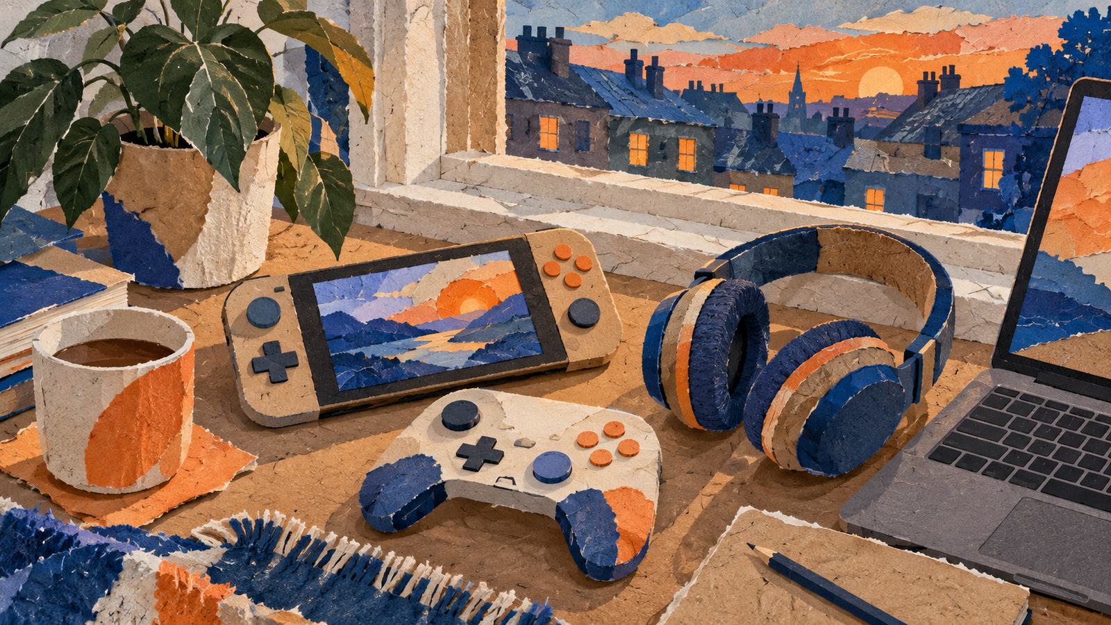 紙のコラージュで描いた、ゲーム機のコントローラーと携帯型ゲーム機、パソコンのキーボードが並ぶ机を、斜め上から見下ろした静物