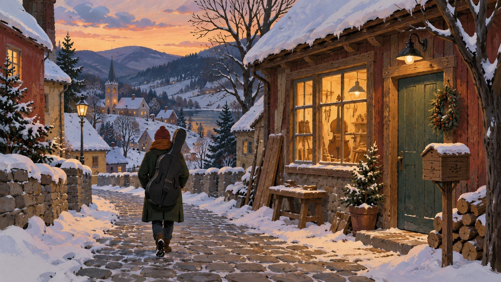 雪の積もった冬の村の通りを引きで描いた絵。チェロケースを背負った人物が後ろ姿で、窓に灯りのともる木造の小さな工房へ向かって歩き、戸口の脇には郵便受けが立っている
