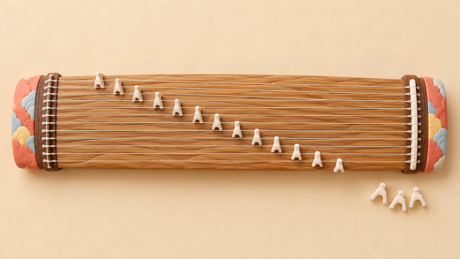 桐の胴に13本の糸が張られ、白い柱が斜めの列をなして並ぶ箏を真上から見た図。右端の龍角から左端の雲角まで糸が通り、柱の位置が糸ごとに少しずつずれている