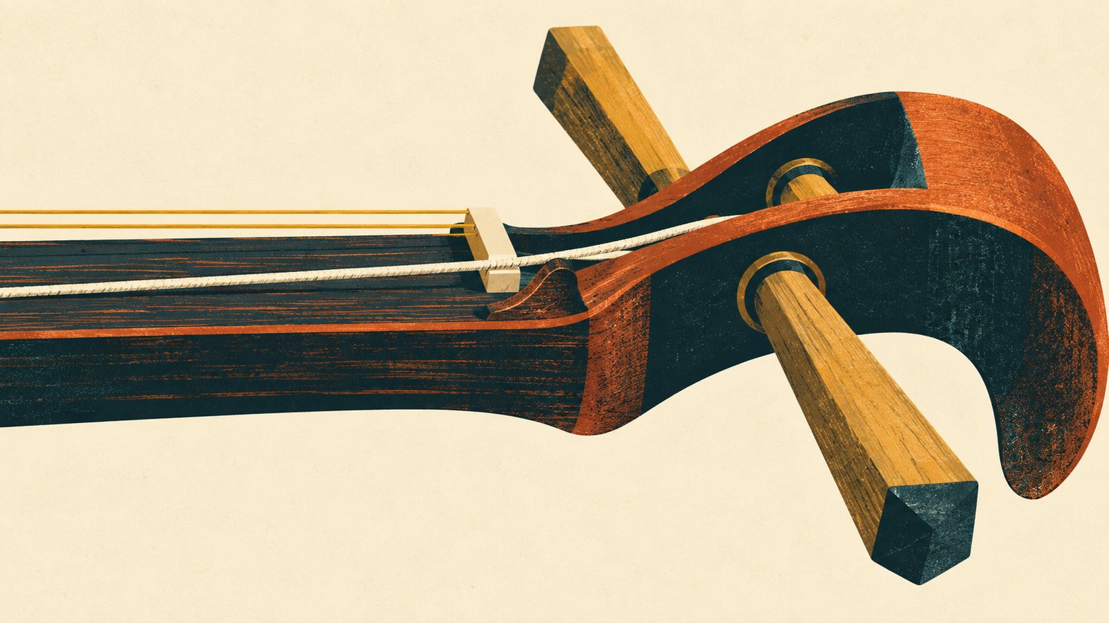 三味線の棹の上端を真横から大きく描いた図。天神の付け根で、2本の糸は小さな上駒に乗って浮き、太い1本の糸だけが棹に直接乗って、わずかな突起すれすれを通っている