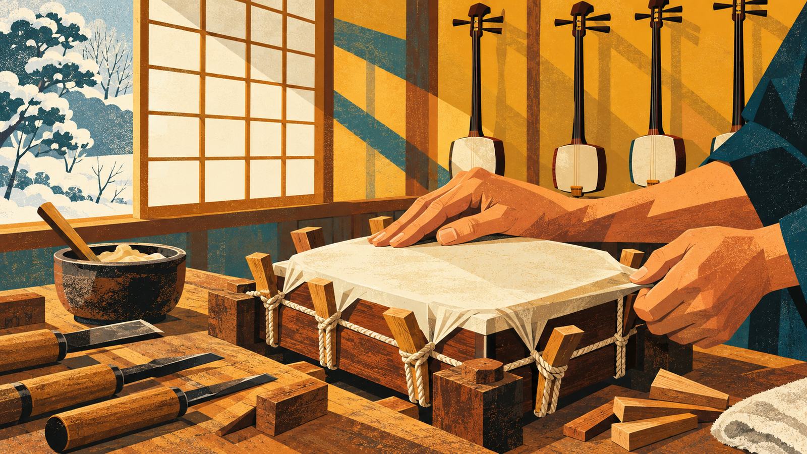 冬の朝の工房で、作業台に固定した四角い木枠に白い皮をかぶせ、両手で押さえながら楔と紐で引き締めている手元の情景
