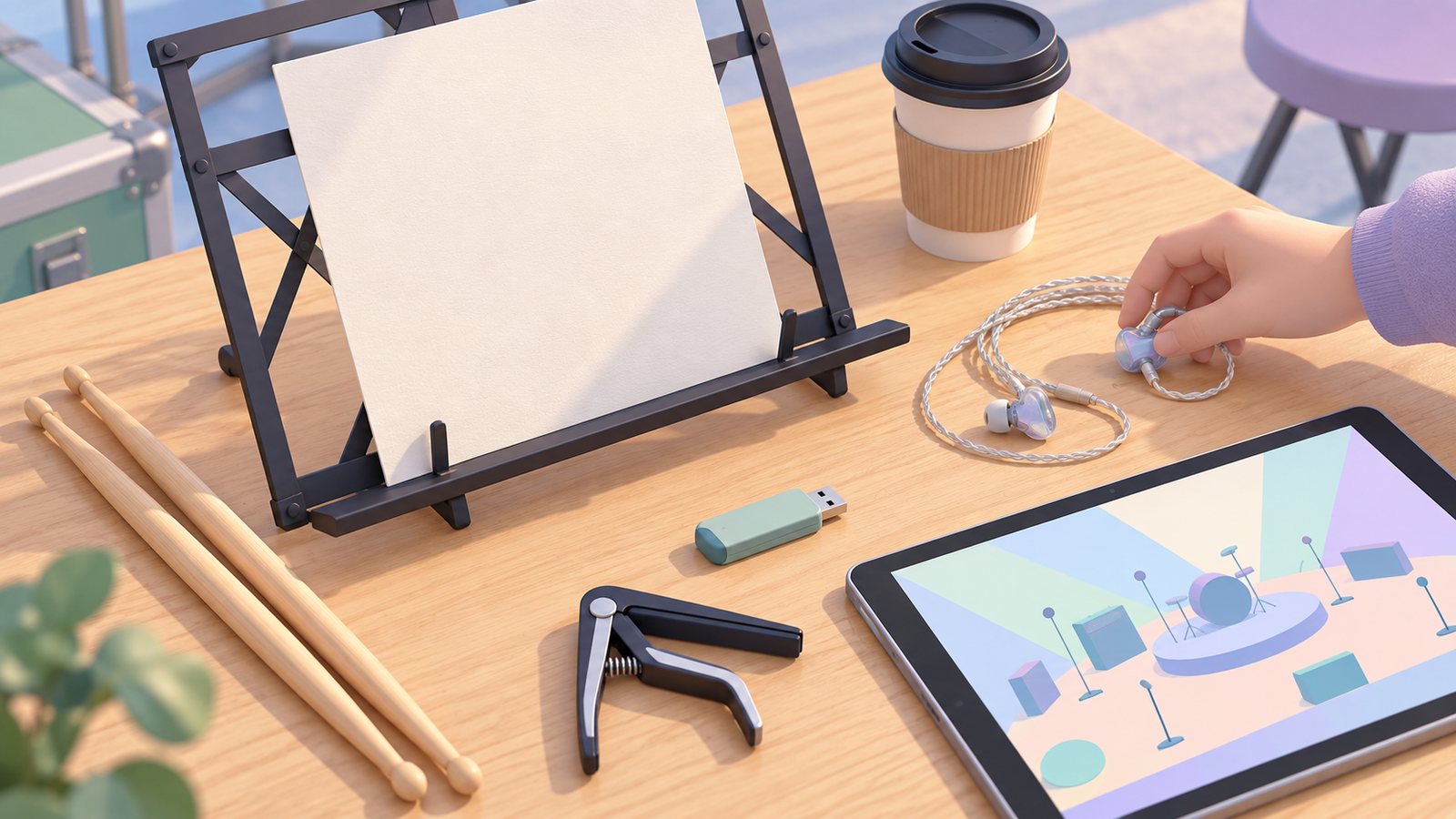 アイソメトリックの図解で、木の机の上に譜面台、イヤーモニター、ドラムスティック、USB メモリー、カポタスト、ステージ配置を図形だけで描いたタブレットが並び、片手がイヤーモニターを机に置こうとしている