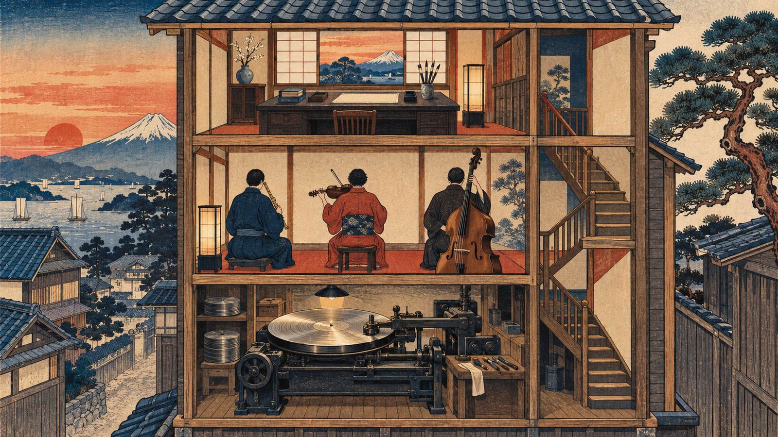 木版画調の断面図で、三階建ての木造の建物を縦に切った内部が見えており、上の階では机に五線紙と筆記具が広がり、中の階では三人の奏者が後ろ姿で楽器を構え、下の階では円盤に溝を刻む機械が回っている
