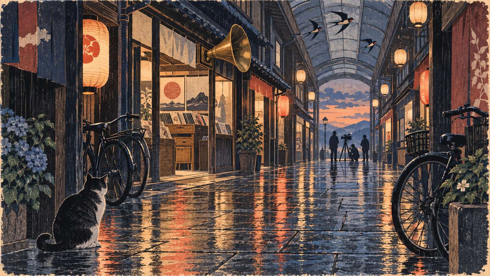木版画調の広い構図で、雨上がりの夕方の古い商店街を描いた風景。手前の路地で三脚に据えたカメラと撮影する人の後ろ姿が遠くに小さく見え、通りの奥にはラッパ型のスピーカーを軒先に掲げたレコード店がある